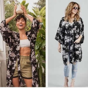 Spiritual Gangster Maya Kimono Black White Floral One Size Wrap Cover Up Swim